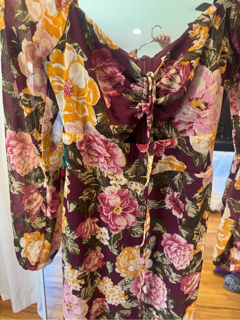 Floral Maroon Maxi Dress with Mustard and Pink Blooms - Picture 4 of 8
